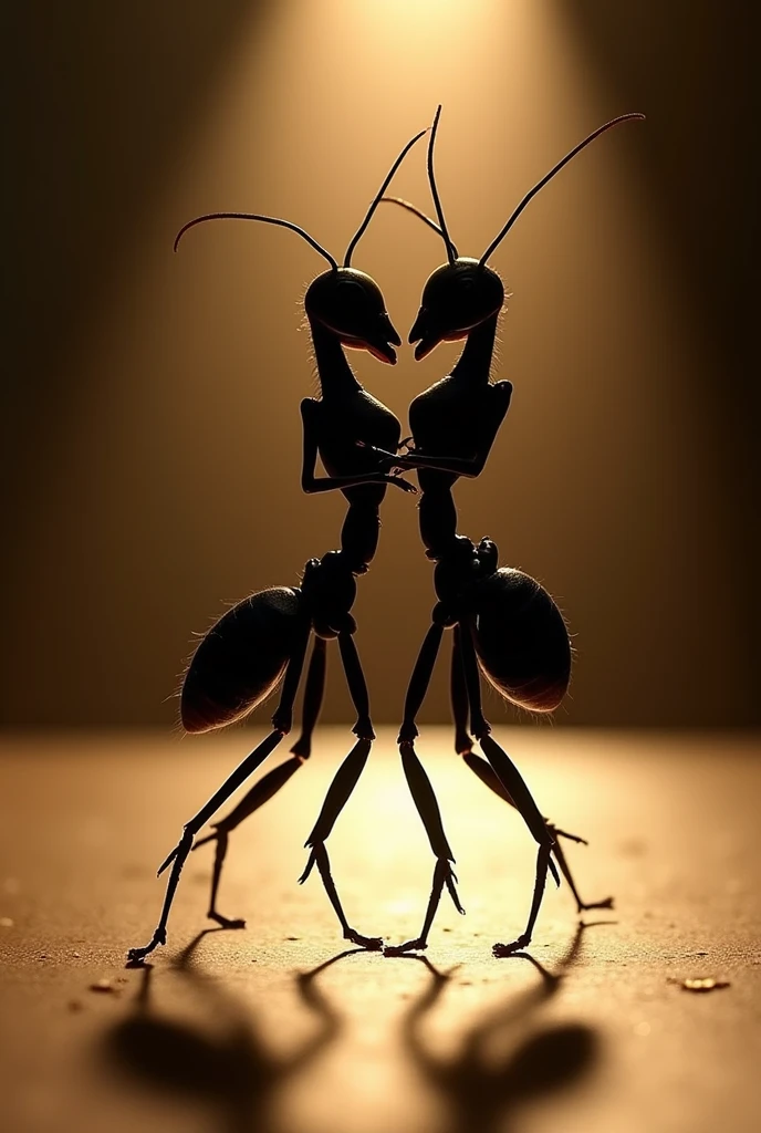 Create an image showing two ants dancing tango. The image must be taken against the light, so that the shadows and profiles of the ants stand out very clearly. The ants must be in a tango dance position, capturing the movement as one lifts the other and the sensuality of tango, with its antennae and legs in elegant positions. Make sure the image has a high level of detail, especially in the texture of the ants and the projected shadows. The backlight should be diffuse and soft., creating a dramatic effect that accentuates the silhouette and shape of the moving ants. The overall atmosphere should be evocative and artistic., with a focus on the accuracy of contrast and detail in the representation of ants.