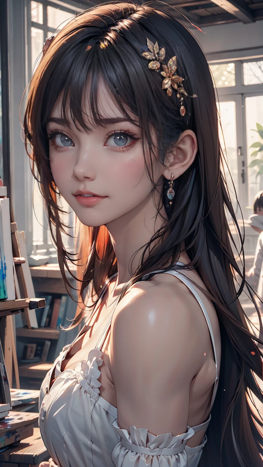 photoRealistic, Lip gloss, Painting, Realistic, Highest quality, Ultra-high resolution, depth, pastel colour, Natural Shading, Focus on the face, Face only, View your viewers, Long Hair, hair accessory, Black Hair, Brown, well-detailed eyes, dress