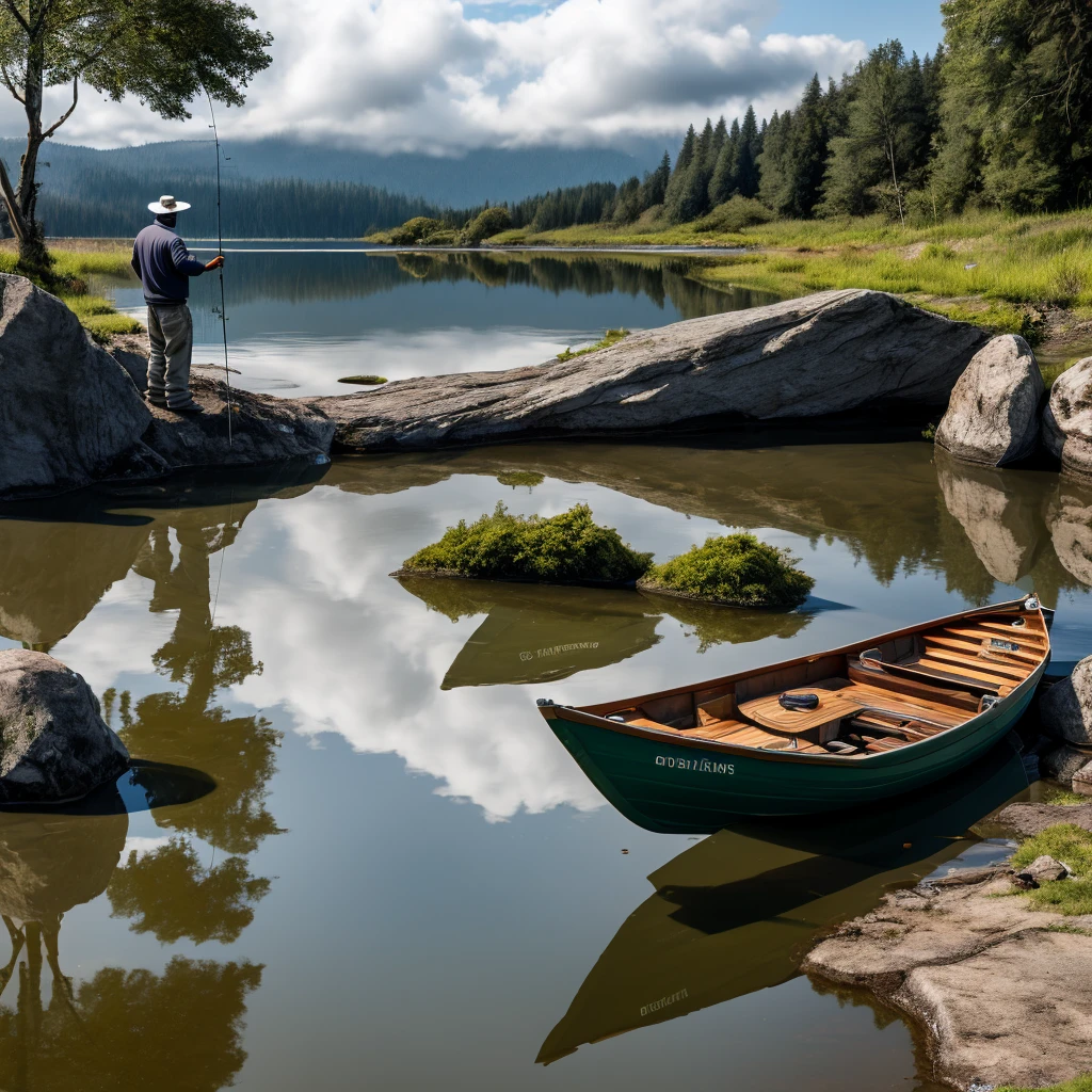 a fisherman fishing in a tranquil lake, intricate details, beautiful scenery, serene atmosphere, (best quality,8k,highres,masterpiece:1.2),ultra-detailed,(realistic,photorealistic,photo-realistic:1.37),HDR,UHD,studio lighting,extreme detail description,professional,vivid colors,landscape,natural lighting,beautiful reflections on water,dramatic cloudy sky,lush green foliage,old wooden boat,fishing rod with line in water,fisherman wearing traditional hat and clothes