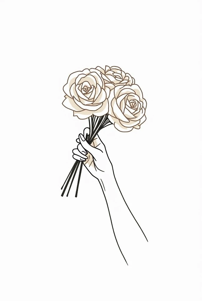 minimalism, simple vector graceful flowing one-line drawing, hand holding a luxurious bouquet of roses
