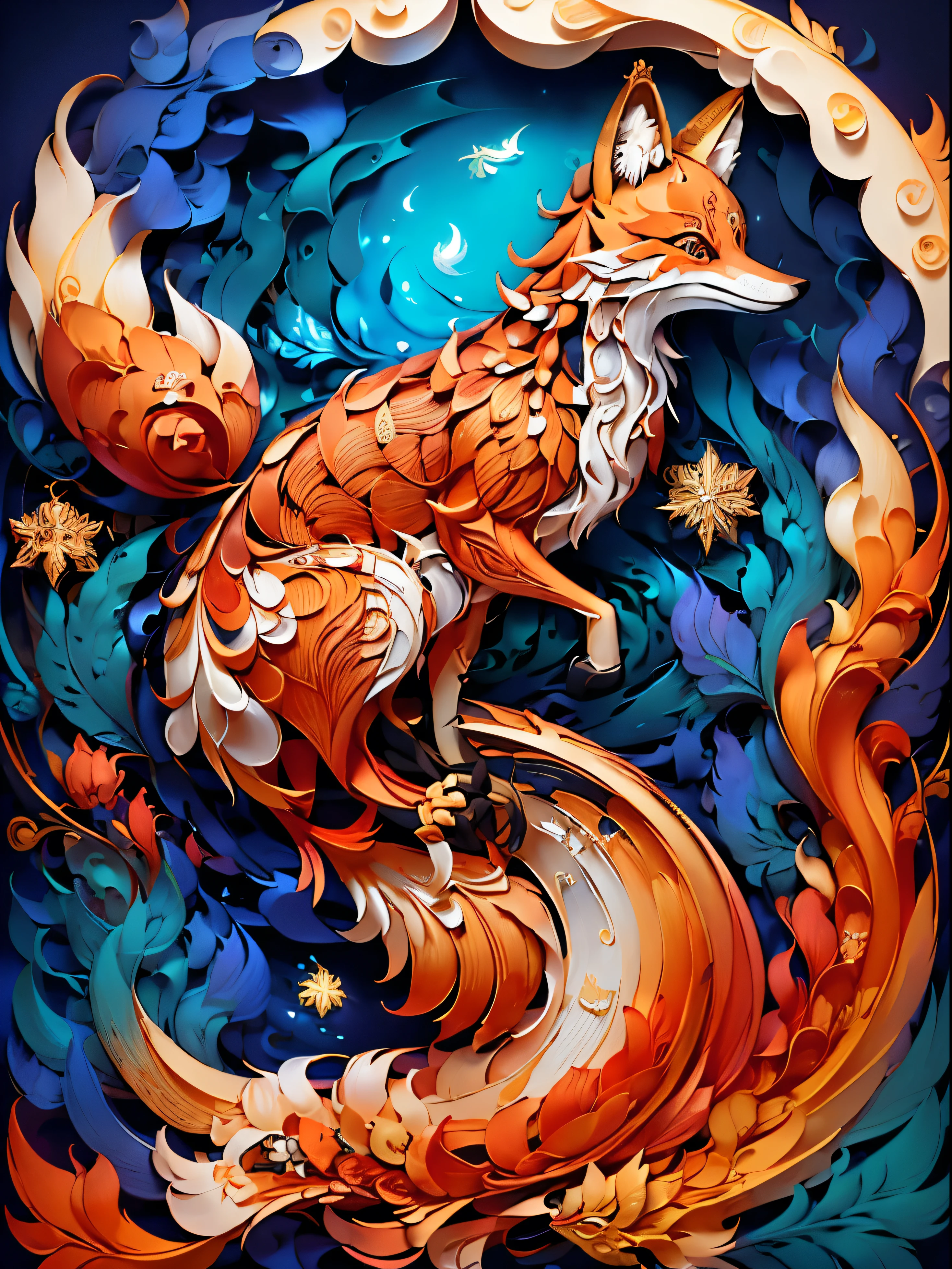 (((tmasterpiece))),Best quality at best, illustratio, Detailed intricate pattern of quilled paper fox