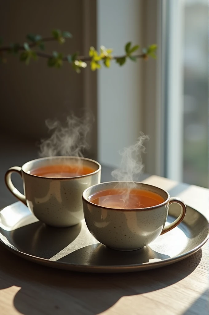 2 unequally sized large cups filled with tea in a steel made tray