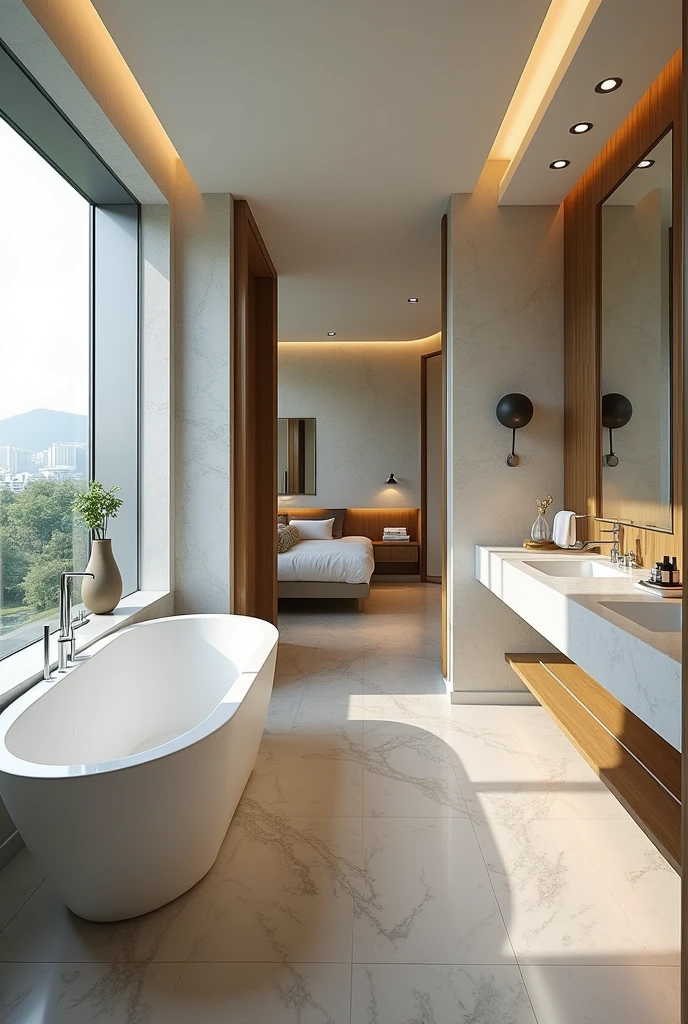 Bathroom, lowered bathtub, separate shower room, free of charge, sofa area, dressing table, dressing table, dressing room, large glass window sill, granite floor, floor-to-ceiling mirror