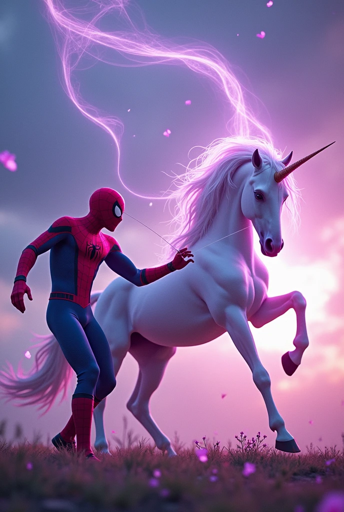 Spider-Man violet lance une toile d'araignée sur une licorne