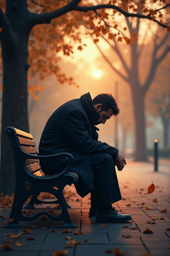 Create an image of a sad man sitting on a park bench during sunset. He has his head down, looking at the floor, with slumped shoulders, expressing melancholy. The square is partially empty, with some trees in the background and leaves falling. The man is wearing a dark coat and is leaning forward slightly., as if he were immersed in his thoughts. Soft evening light illuminates the scene, creating a dark and introspective atmosphere.