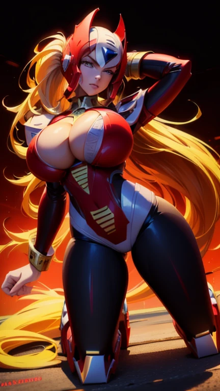A beautiful woman, ((both hands behind head)) , ((on her knees)), 1 girl, (( mecha)), sexy body figure, long legs, large breasts, (cleavage), busty, beautiful face, Vanessa Kirby, milf, age 28, royal, long blonde color hair, pony tail, helmet, fine armor, futuristic red armor, sci fi, intricate red armor details, red and black color armor, night time, dark city, neon lights, a woman, in a (sexy pose, seductive, flirty) , designed by Gucci::3, tumblr, (inspired by Yanjun Cheng style), digital art, meme lofi internet girl, trend in dezeen, catalog photo, 3 d render beeple, rhads and lois van baarle, cartoon style illustration, (bright pastel colors), a beautiful art illustration, anime girl --ar 2:3 --q 2