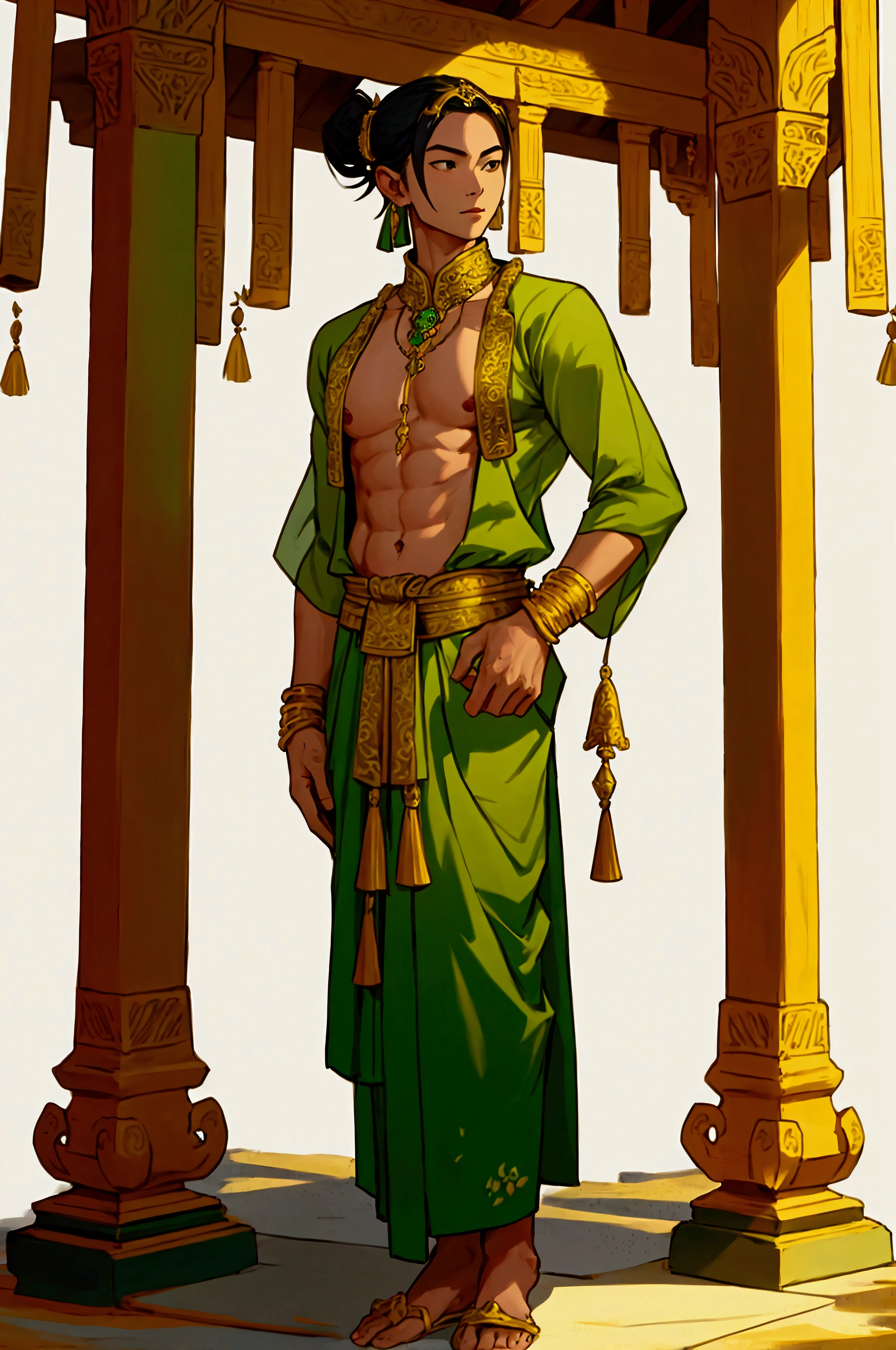 man,Not wearing a shirt,Light green,Golden Thai jewelry,high,Wearing ancient Thai shoes,stand
