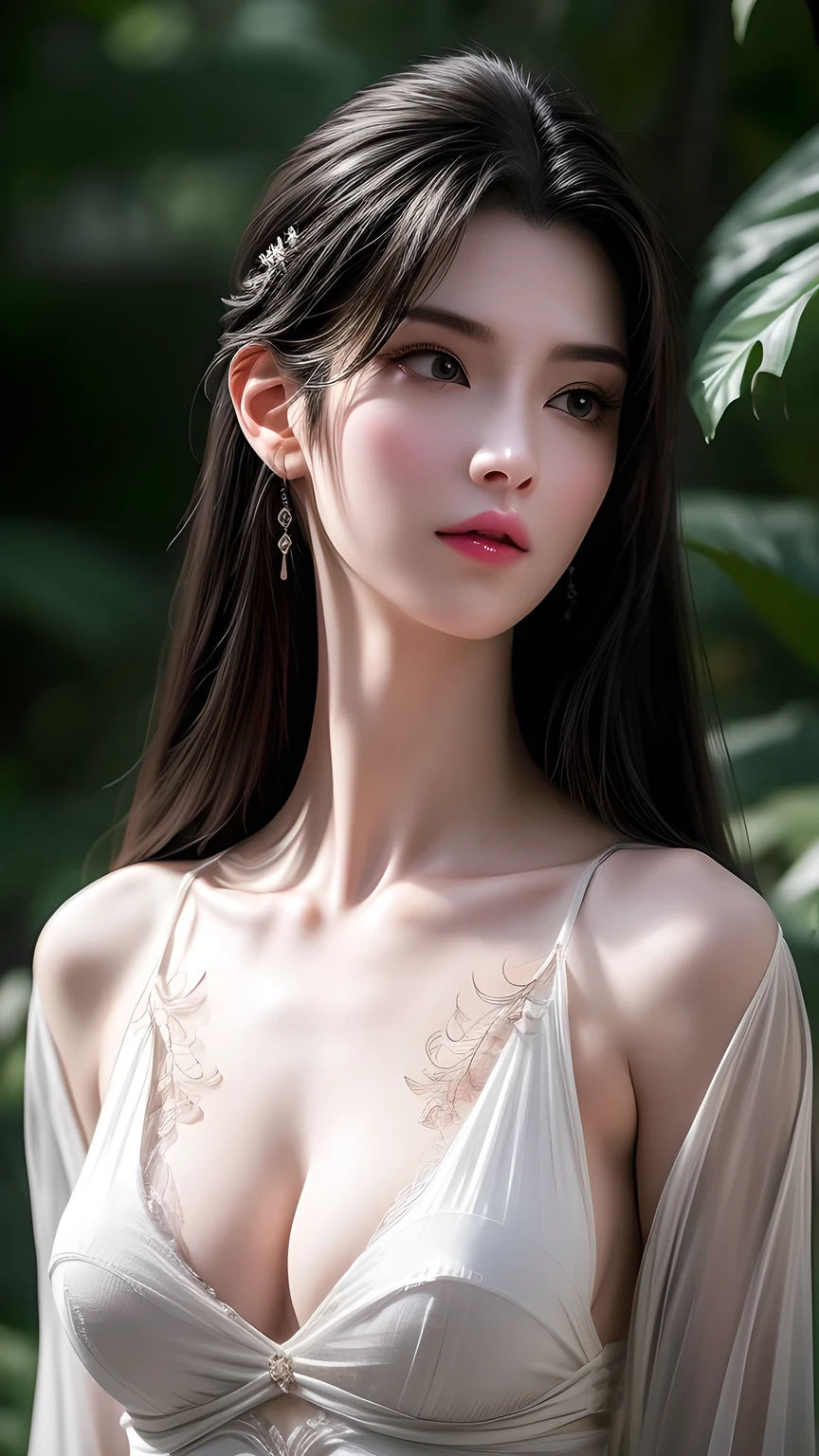 (Surreal) , (illustration), (Improve resolution), (8K), (Extremely detailed), (best illustration), (Beautiful and delicate eyes), (best quality), (Extremely detailed), (masterpiece), (wallpaper), (Delicate face), 1 girl, Black straight hair, slim body, Fine details, in the darkness, Deep Shadows, Low profile, Purebred face_v1, a happy expression, Summer Clothing, Fall, Rainforest,Large Breasts,Big ,Sexy,Cool outfit。