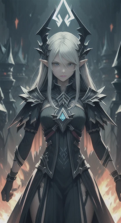 Masterpiece, best quality, mythical, Alluring Hylian, Black flame sorceress, Hyrule, legendary Triforce, armor, looking at viewer pissed, judgemental glare,