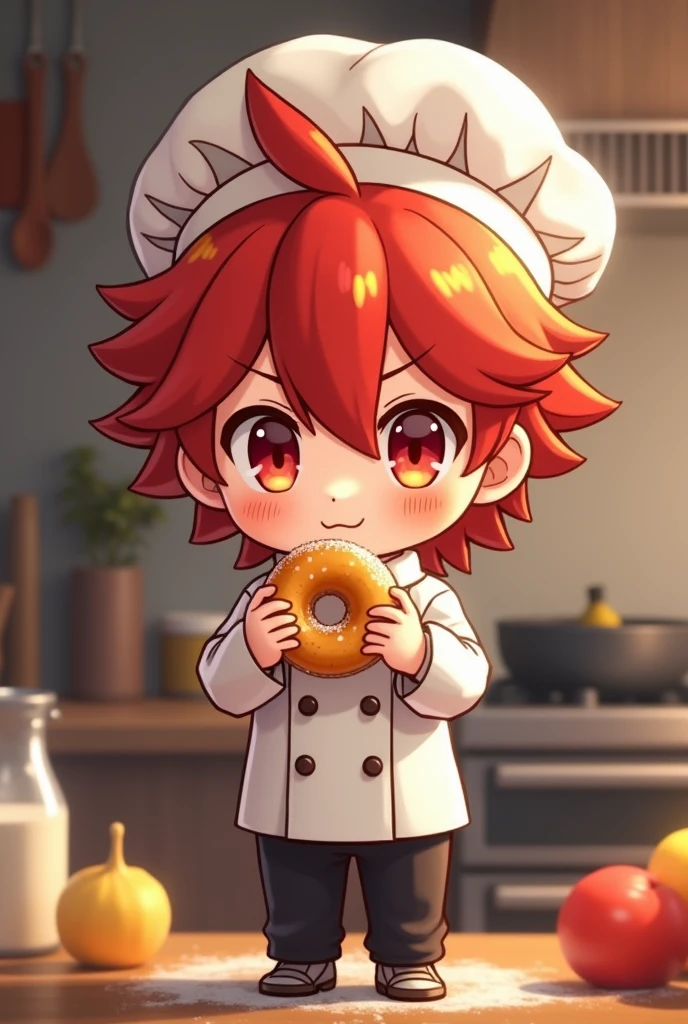 Chibi Rengoku in a chef outfit holding a mini donut 
