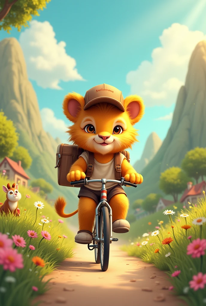 Little lion delivering parcels on bicycle,