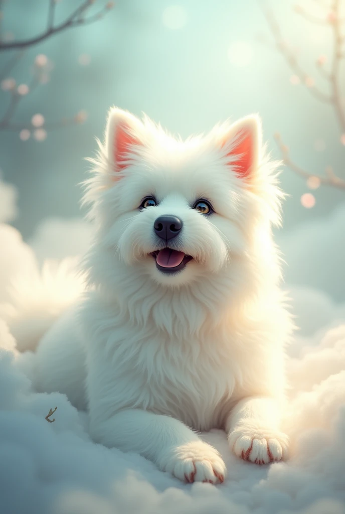White fluffy terrier breed dog in heaven due to death