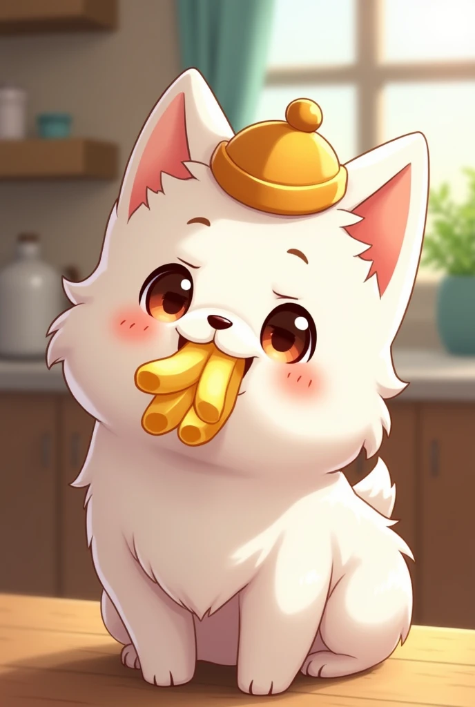 White anime dog with hat eating fries on mouth