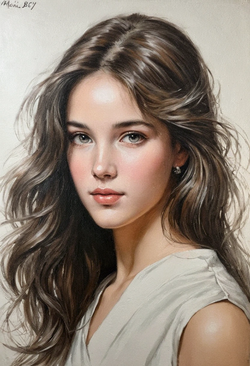 A delicate, oil painting portrays, a beautiful young Monica Belluccy,  without background, her features rendered in subtle shading and precise lines. The framing is tight, focusing attention on the subject's serene face. Soft, feathery strokes convey the gentle texture of her hair, 