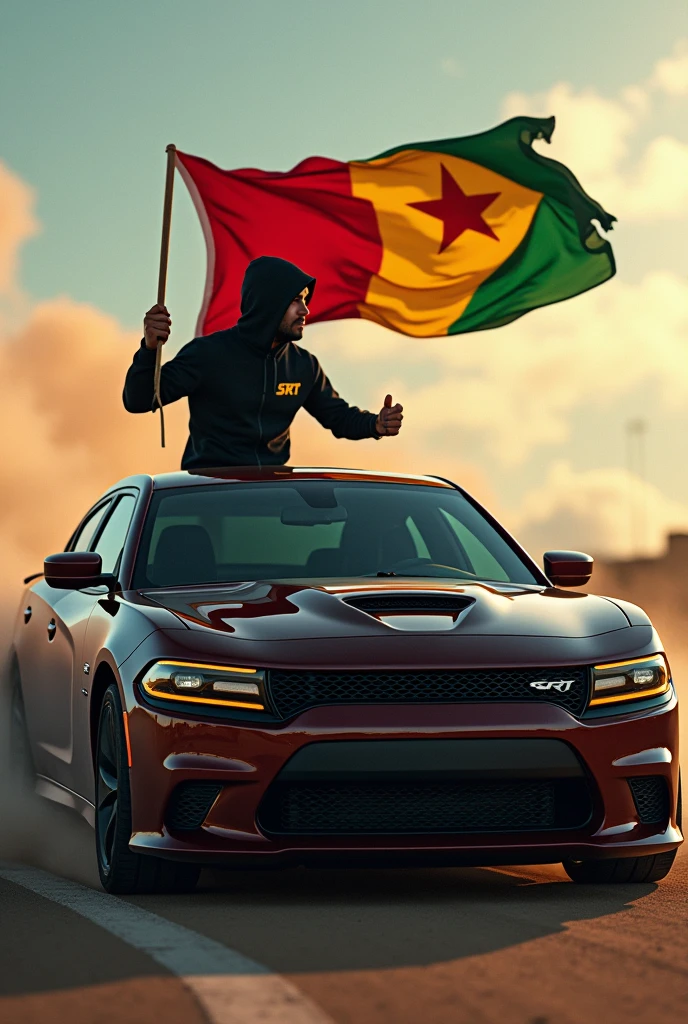 Je veux créer l'image d'un gars qui drift une Dodge charger srt . Le gars en question tient le drapeau du Sénégal .Le gars porte un pull à capuche ????. Il porte le capuchon du pull,son visage n'est pas bien visible et derrière son pull est inscrit le logo SRT.