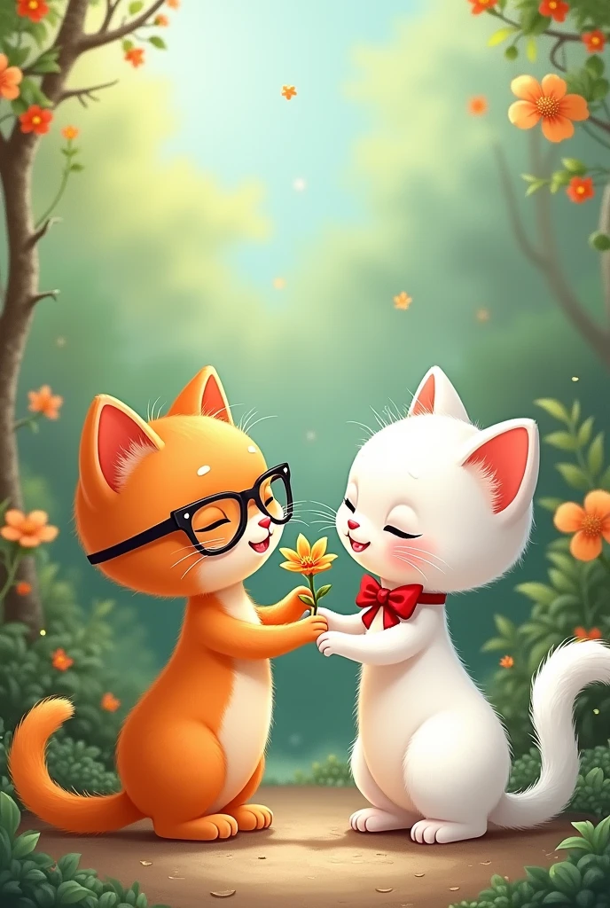 Orange cat with glasses receives a flower from a white cat with a red bow 