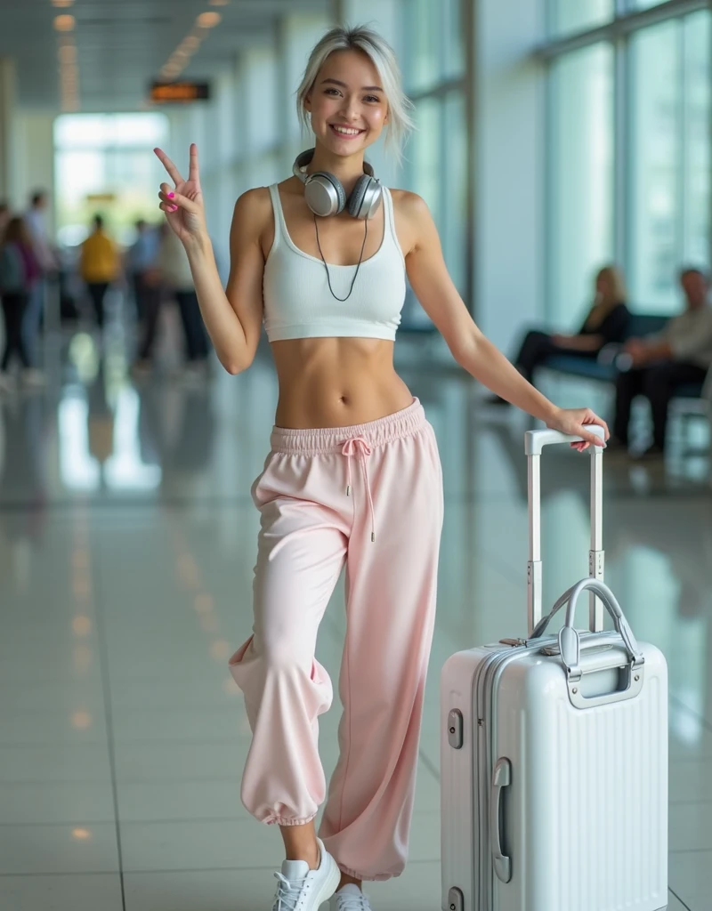 RAW photo, best quality, masterpiece, photorealistic, best lighting, Polish girl, 20 years old, detail face, light gray hair, short cut, Symmetrical eyes, huge breasts, Smiling, pale skin, hair tied back, silver headphones around neck, white crop top, bare midriff, pale pink wide sweatpants, white sneakers, silver handbag hanging from large white suitcase, airport lounge, eyes closed, left hand raised making a peace sign, right leg bent back and standing on left foot, full body, gel nails, accessories