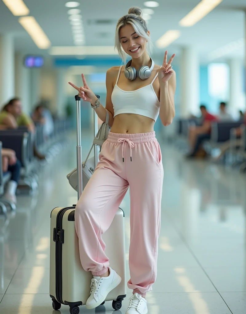 RAW photo, best quality, masterpiece, photorealistic, best lighting, Polish girl, 20 years old, detail face, light gray hair, short cut, Symmetrical eyes, huge breasts, Smiling, pale skin, hair tied back, silver headphones around neck, white crop top, bare midriff, pale pink wide sweatpants, white sneakers, silver handbag hanging from large white suitcase, airport lounge, eyes closed, left hand raised making a peace sign, right leg bent back and standing on left foot, full body, gel nails, accessories
