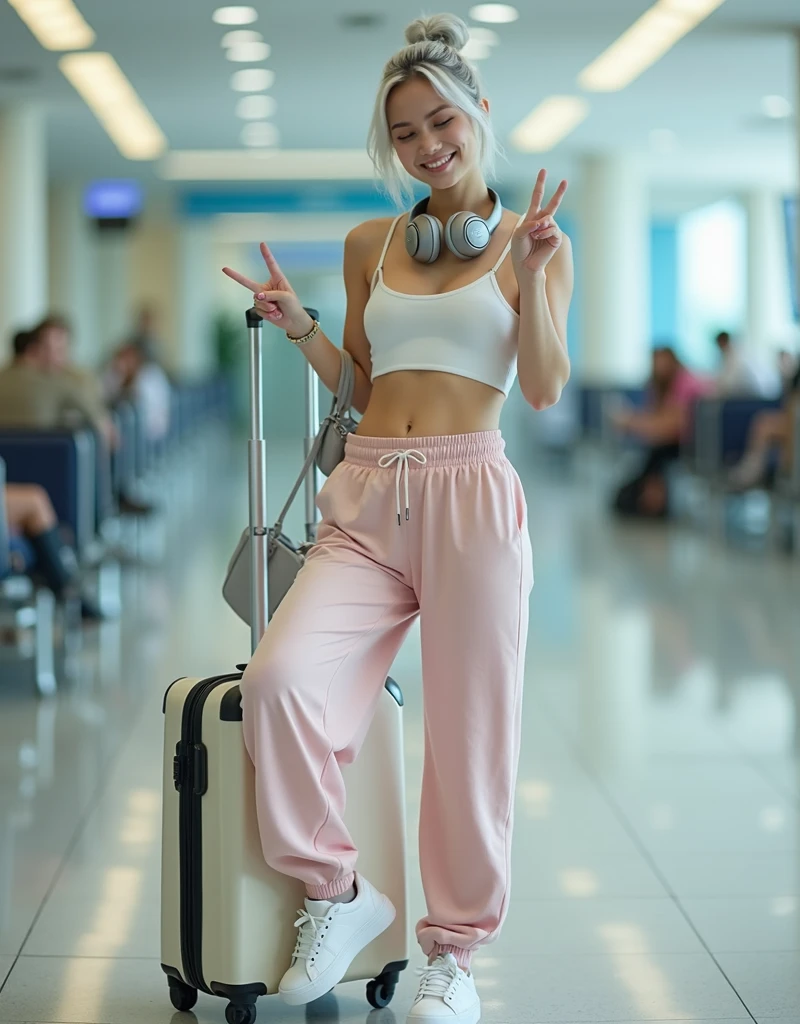 RAW photo, best quality, masterpiece, photorealistic, best lighting, Polish girl, 20 years old, detail face, light gray hair, short cut, Symmetrical eyes, huge breasts, Smiling, pale skin, hair tied back, silver headphones around neck, white crop top, bare midriff, pale pink wide sweatpants, white sneakers, silver handbag hanging from large white suitcase, airport lounge, eyes closed, left hand raised making a peace sign, right leg bent back and standing on left foot, full body, gel nails, accessories