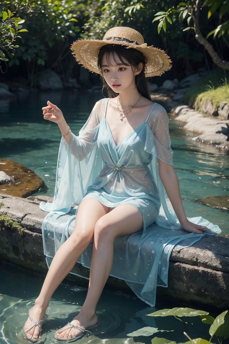 
The anthropomorphic leopard&#39;s eyes reveal his love and curiosity for the stream，Walking on the catwalk and jumping lightly、Rotation，It seems to be sharing a joyful game about streams and nature with the audience.。

clothing：
Beside the crystal clear stream，Anthropomorphic leopard wearing light and breathable underwear and stockings。The underwear is made of light blue or green thin fabric，It is printed with small waves and fish patterns.，Like a reflection in the water。The texture is transparent，It is dotted with tiny water droplets and seaweed patterns.，Adds a cool and moist feeling。

shoe：
Leopards wear sandals or slippers woven from seaweed and fine sand，The upper is wrapped with tiny water plants and shells，Every step seems to be interacting with the stream，Natural and interesting。

hat：
A wide-brimmed straw hat woven from waterweed and wildflowers，Gently placed on the leopard&#39;s head，There are a few drops of water hanging on the brim of the hat，Sparkling with sparkling light，Adds a bit of freshness and coolness to the overall look。

Accessories：
The leopard wears a shell、Necklaces and bracelets made from starfish and pebbles，Each piece is full of the charm of the ocean and the charm of nature。


