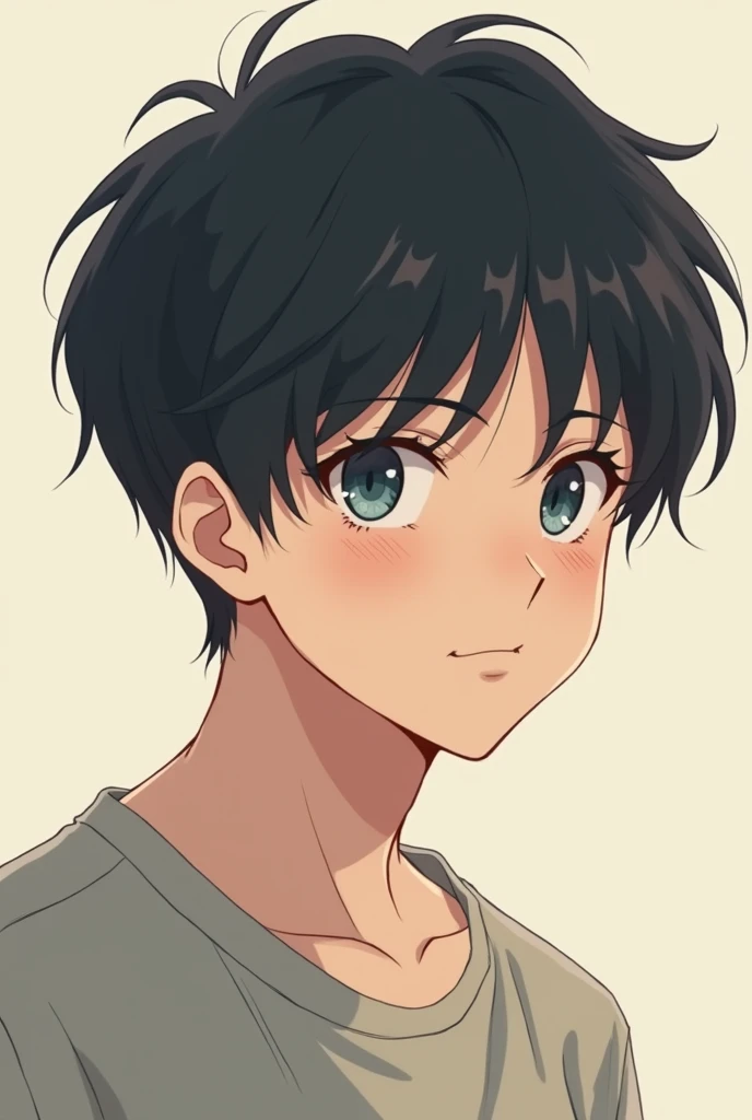 18 year old boy looking tenderly with his mouth in a w shape, 2d anime drawing style casual clothes 