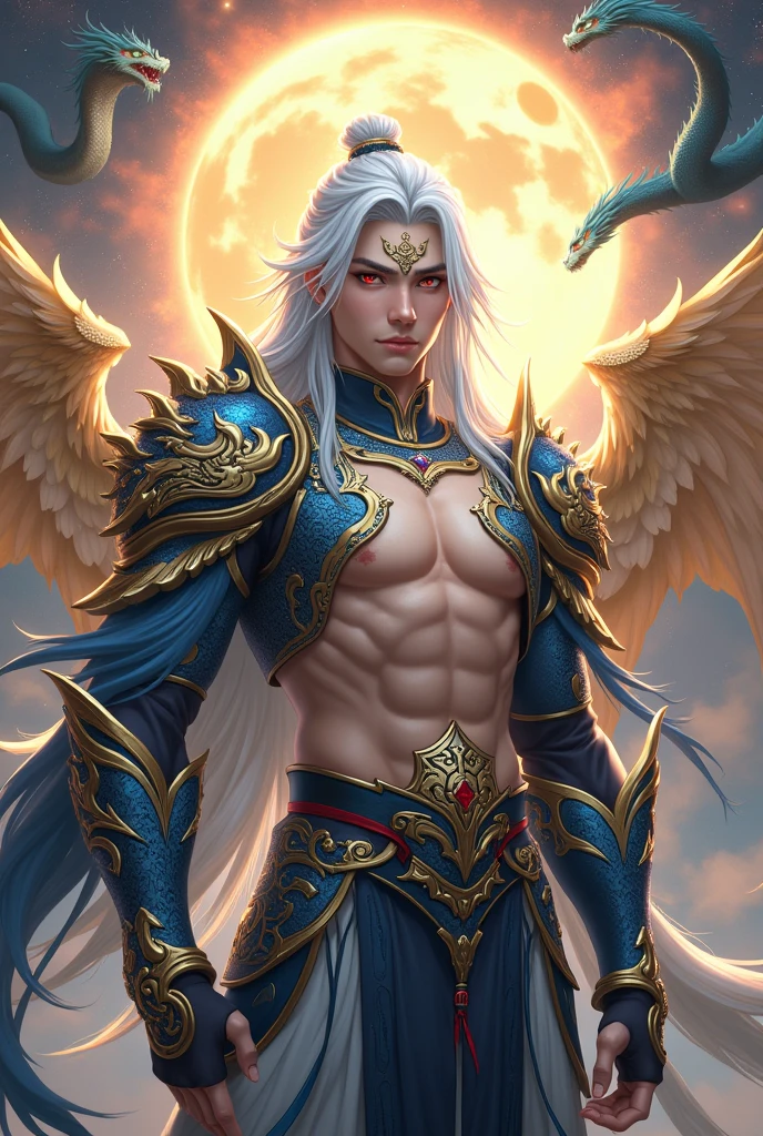Handsome young xianxia protagonist,man,guy,long silver hair, Crimson red and golden amber eyes combination ,and long silver hair with white undertone,and the golden rune motiv scratched on his forehead,use armour featuring like pattern on furr of white Tiger chinese with azure and white dominant color,pauldron protective shape like dragon head,breastplate featuring like azure dragon head,breastplate detailed azure dragon head shape,shoulder protective dragon shape like head red and blue,sun and Moon and azure dragon at the background ,nebula destruction detail,the tassel of the armour like river of galaxy,open Abs, combination of azure and white dominant color,white dominant color, white dominant color armour,with majestic purple line ,held mystical sword, And majestic golden wings at back,super detailed wings at back,terrifying aura around,24K ultra hd,face and eyes detail,lips and face detail,masterpiece ,better quality