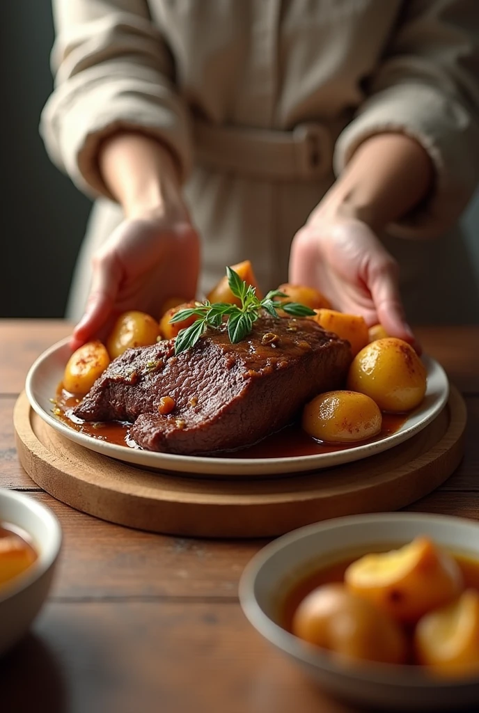 Image with pot roast and potatoes a woman serving As realistic as possible , but only the hand and the table with the food appear