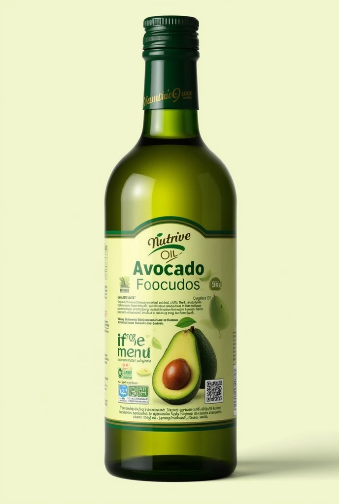 create a label with this data 1. Product name:
"Nutrive Oil Avocado"
2. Caption:
“Where Health Meets Flavor” 3. Featured Benefits:
100% Pure and Natural Rich in Omega-3 Fatty Acids Ideal for Cooking and Salads Without Preservatives or Additives 4. Nutritional information (per 1 tablespoon serving):
Calories: 120 Total Fats: 14g Saturated Fats: 2g Monounsaturated Fats: 10g Polyunsaturated Fats: 2g Vitamin E: 2mg
5. Instructions for use:
For cooking, dressing salads, and bake.
6. Product Information:
Origin: Honduras Volume: 250 ml
7. QR code:
"Escanea para recetas y más INFOrmación"
8. Contact information:
website: www.nutriveoilavocado.with Phone: (504) 123-4567
Email: INFO@nutriveoilavocado.with 9. Warnings and Conservation:
Store in a cool, dry place.
Once opened, consume within 6 months.