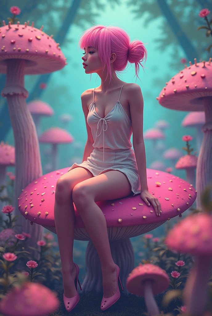 a beautiful 18 year old girl,1girl,psychedelic anime style,colorful,trippy,sitting on a giant mushroom,elegant,chic,modern,fashionable,pink hair in a bun,bare shoulders,muted colors,soft lighting,art nouveau,(best quality,4k,8k,highres,masterpiece:1.2),ultra-detailed,(realistic,photorealistic,photo-realistic:1.37),HDR,UHD,studio lighting,ultra-fine painting,sharp focus,physically-based rendering,extreme detail description,professional,vivid colors,bokeh