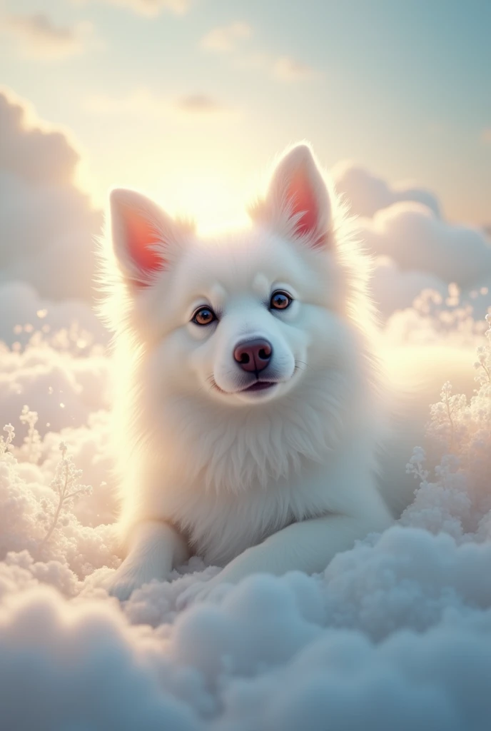 White fluffy terrier breed dog in heaven due to death
