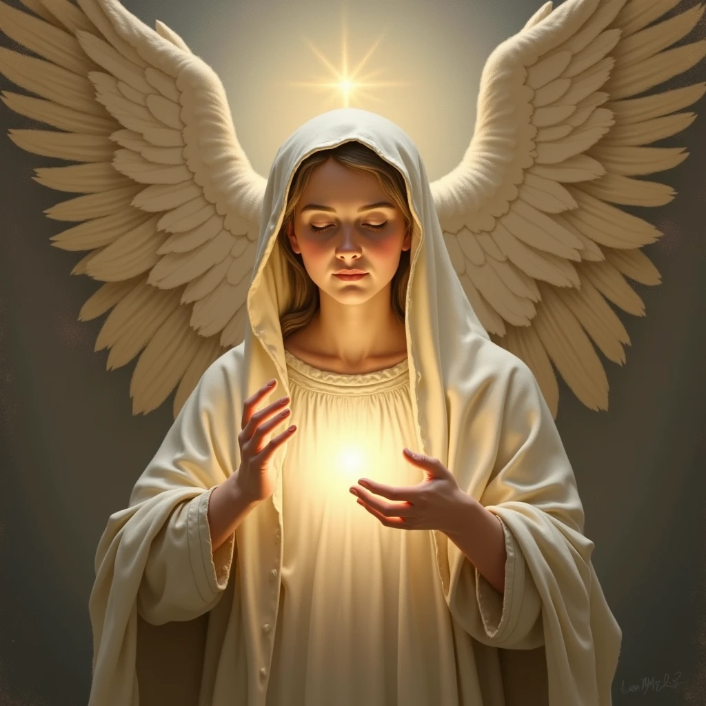 Pregnant Virgin Mary being conceived by the holy spirit and an angel
