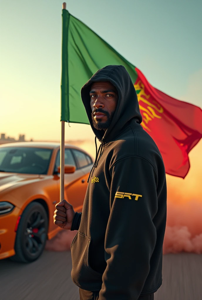 Je veux créer l'image d'un gars qui drift une Dodge charger srt . Le gars en question tient le drapeau du Sénégal .Le gars porte un pull à capuche noir. Il porte le capuchon du pull,son visage n'est pas bien visible et derrière son pull est inscrit le logo SRT.