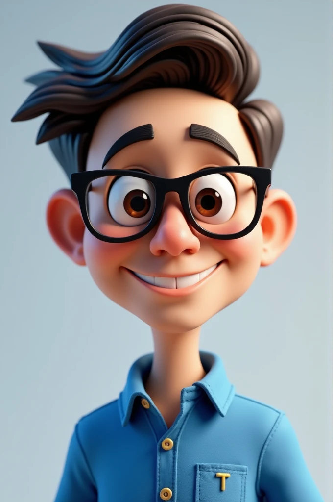 Cartoon character of a man in black glasses and blue shirt, animation character, Caractere estilizado, animation style rendering, 3D estilizado, Arnold Maya rendering, Stylized 3D rendering, toon render screenshot, Personagem 3D, Personagem 3D, Stylized 3D rendering, 3D character rendering, personagem de desenho animado, Personagem de close up, Pose de personagem, (Estilo Pixar) (Parte Mestre:1.2) (bokeh) (melhor qualidade) (pele detalhada) (textura detalhada) (8K) (argila) (Cinematic lighting) (sharp focus