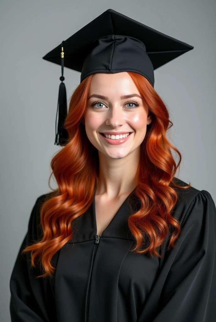professional image of a woman with red hair, with 70 kg, wearing the graduation gown and cap