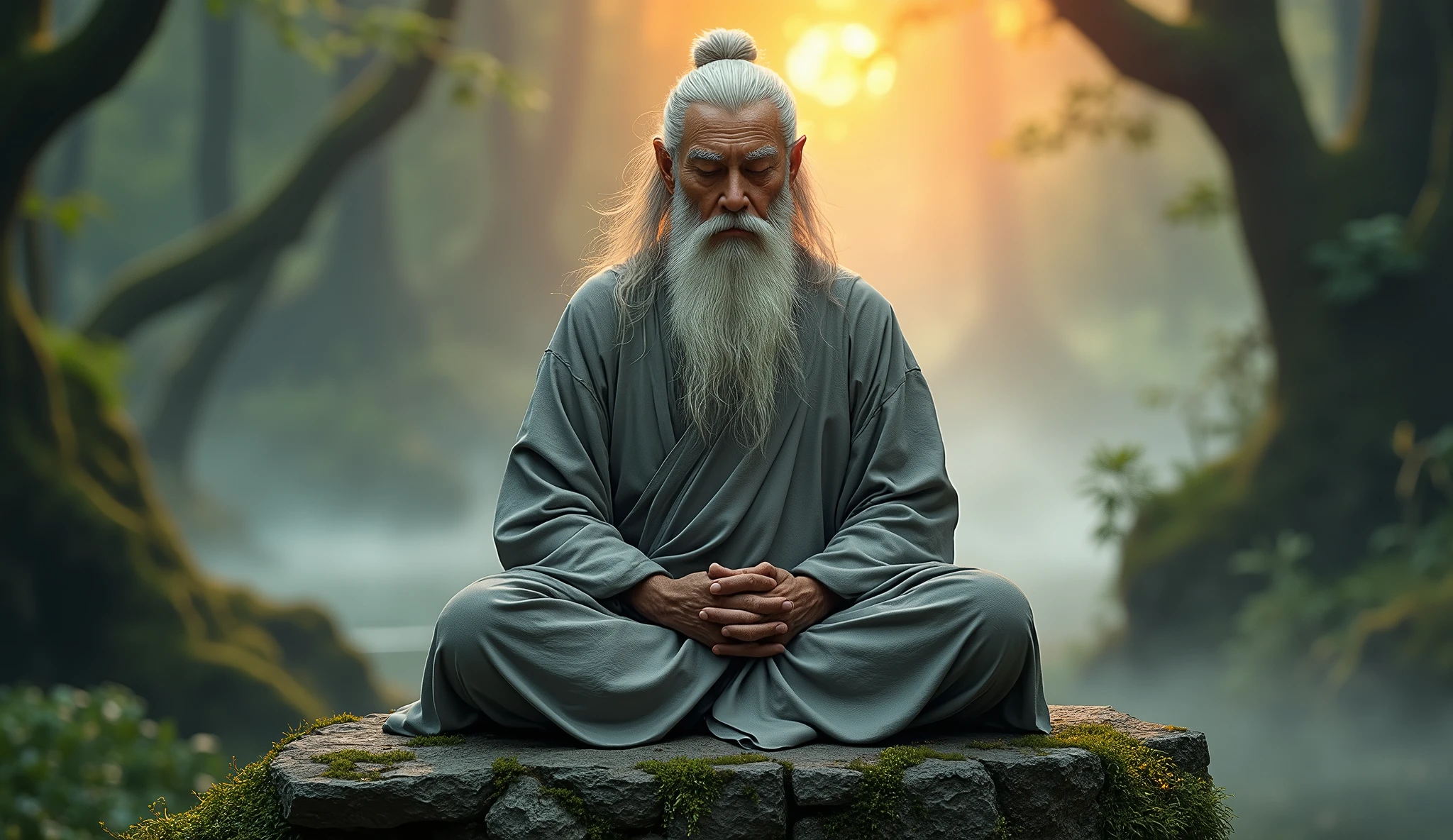 Old Asian Taoist Old Man, sitting on stone close-up,long, whitish hair,long beard,Cross-legged meditation,Taoism, wearing gray robes,magical aura,taoist master,taoist,lush landscape, very green, orange sunset light, forest , fog