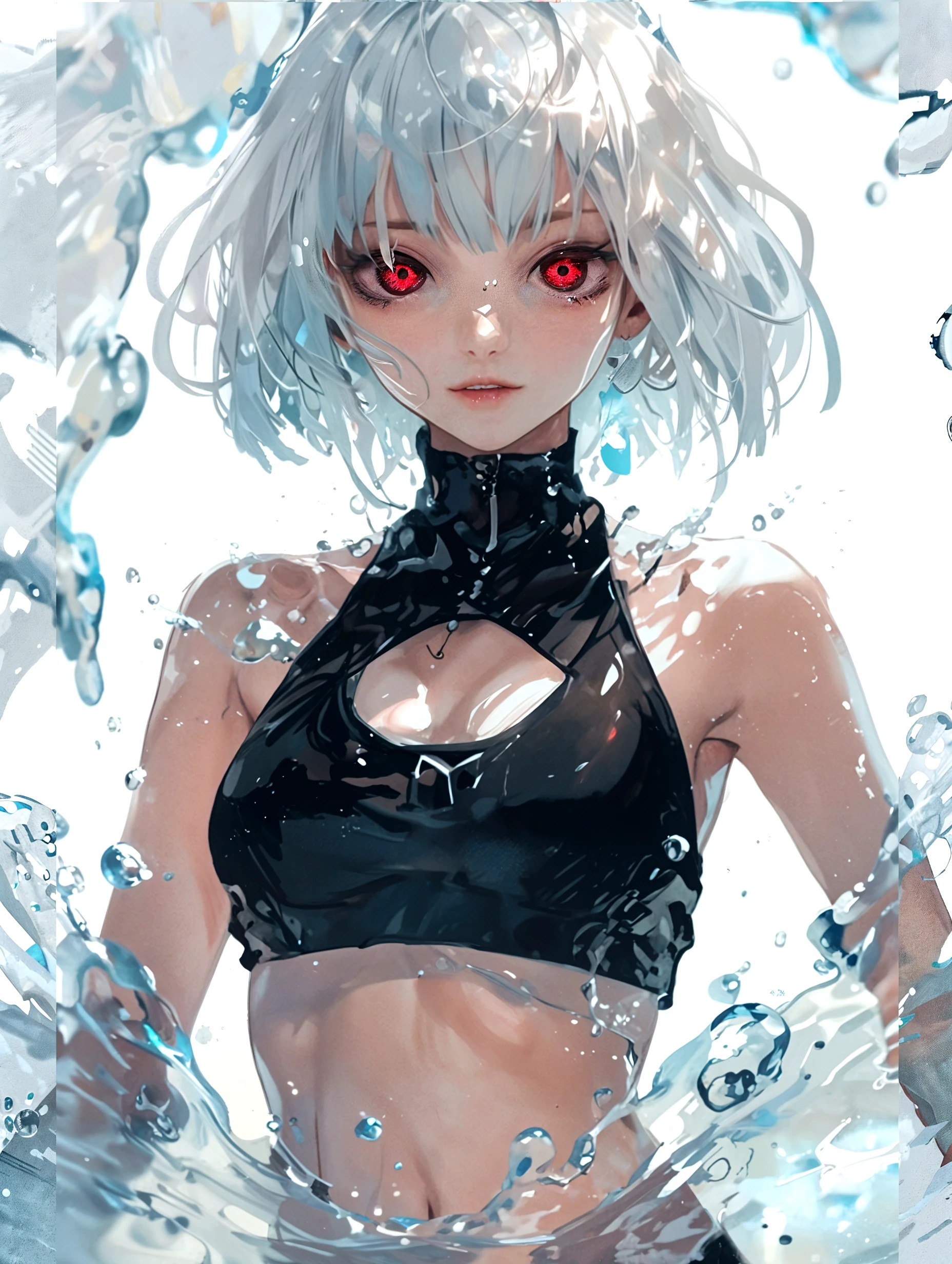 (best quality,highres,masterpiece:1.2),(realistic:1.37),abstract,splatter,detailed,melting,white hair,short hair,long hair, long hair,blue eyes,backlit,sand,water,black background,dust,water splash,long sleeves,white clothes,oversized clothes