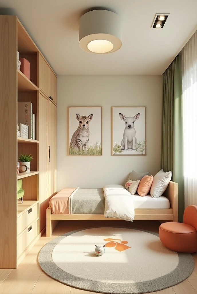 Professional 3d architecture rendering design of modern and   light moss and  so light Thunder and light cream and light orange  wooden   Modern and minimal  design for chid  bedroom  and light  cream   carpet  with animals painting and white painting wall and light wooden  safety closet with animals painting and modern ceiling lighting and modern curtains for chid room and the child bed similar globe and safety chair for chid and many toys 
