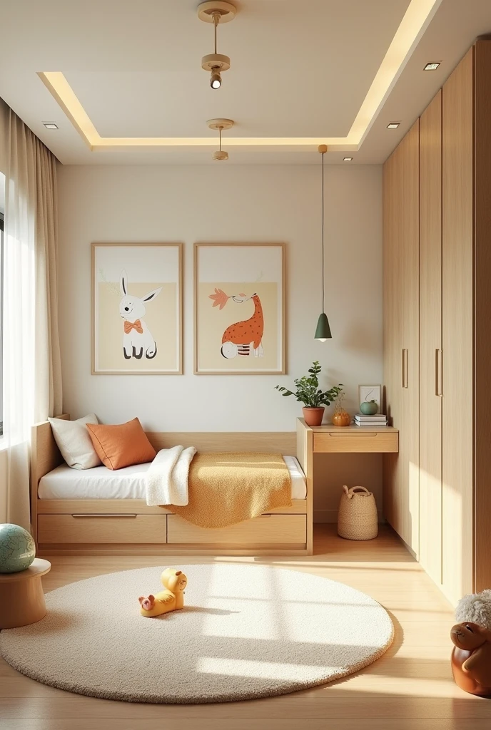 Professional 3d architecture rendering design of modern and light moss and so light Thunder and light cream and light orange wooden Modern and minimal design for chid bedroom and light cream carpet with animals painting and white painting wall and light wooden safety closet with animals painting and modern ceiling lighting and modern curtains for chid room and the child bed similar globe and safety chair for chid and many toys