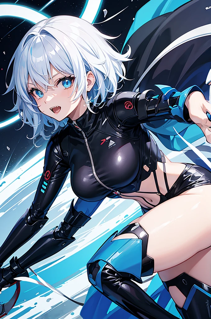 Anime girl blue messy short hair teeth fangs wearing futuristic clothes