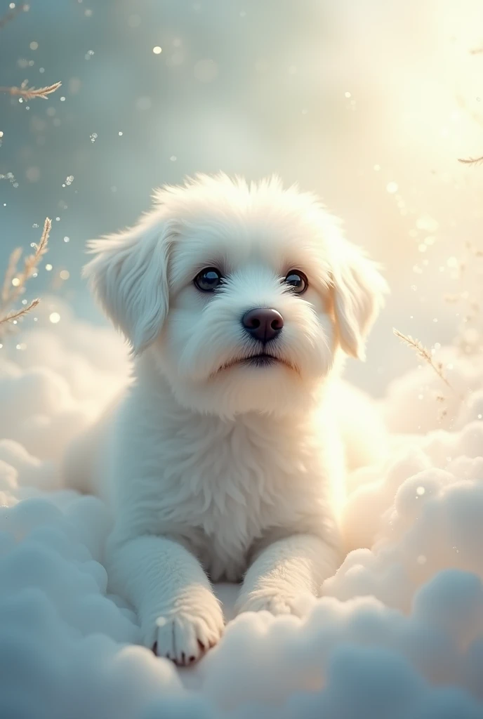 White fluffy terrier breed dog in heaven due to death 
