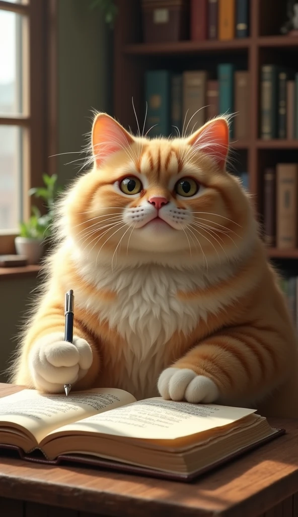photorrealistic, 64k, giant cute fat [cat] writing on book use a pen in the right hand