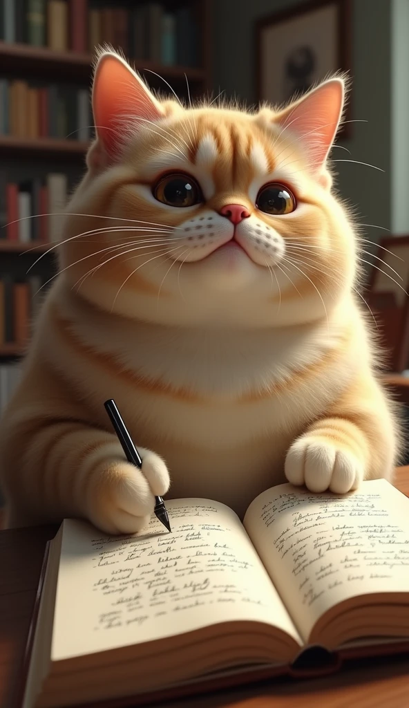 photorrealistic, 64k, giant cute fat [cat] writing on book use a pen in the right hand