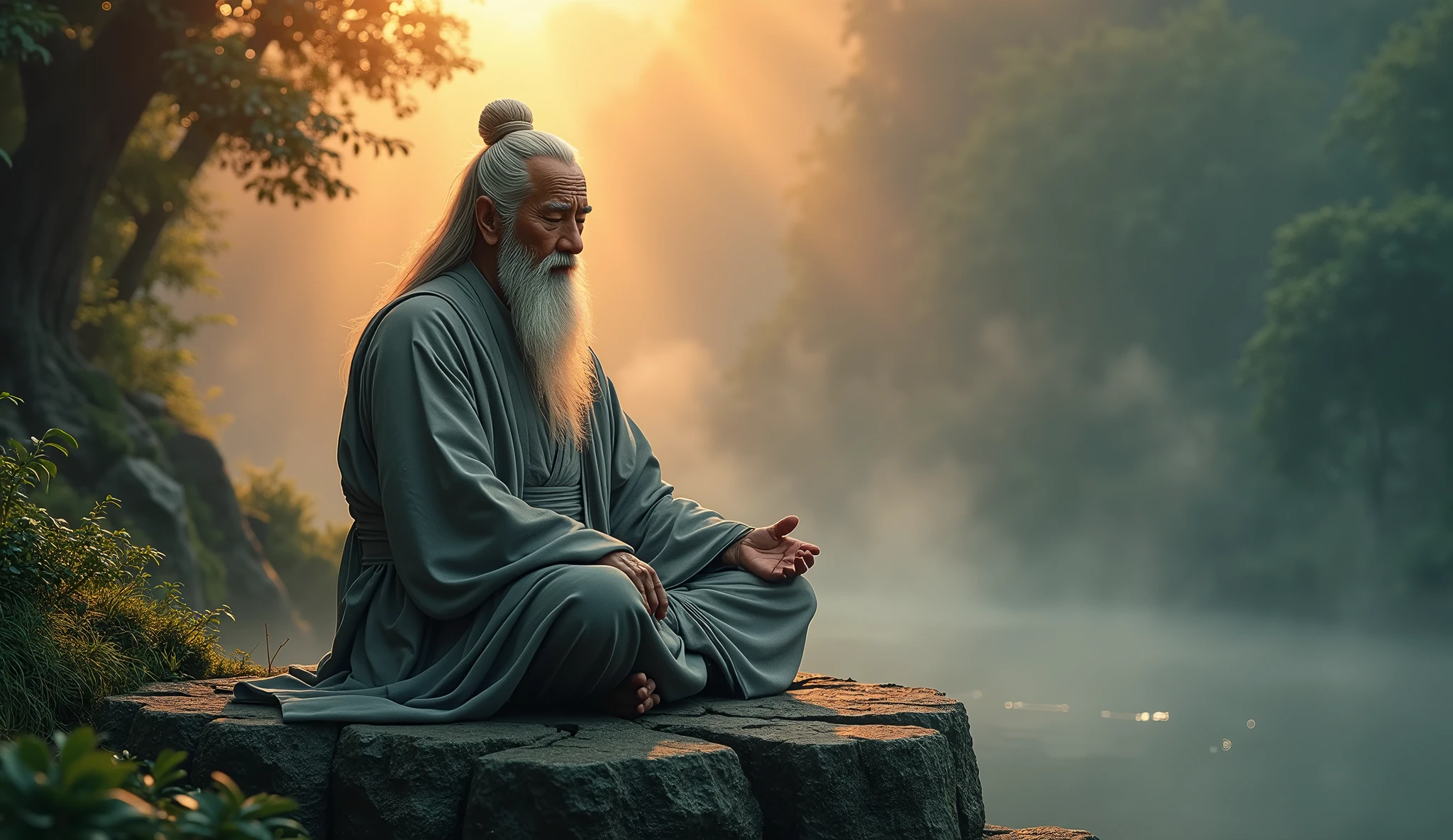 Old Asian Taoist Old Man, sitting on stone close-up,long, whitish hair，long beard，Cross-legged meditation，Taoism, wearing gray robes，magical aura，taoist master,taoist，lush landscape, very green, orange sunset light, forest , fog