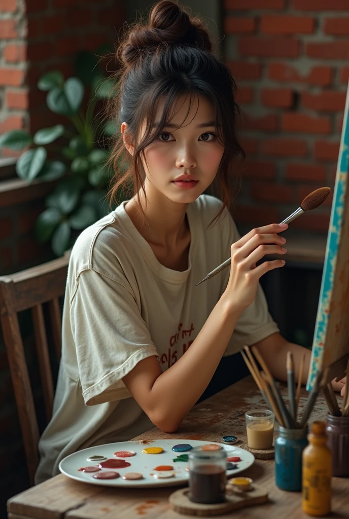 a close up of Tanned japanese beautiful tanned japanese woman, Her hair was in a ((messy loose bun up)), with brownish highlights, the woman was wearing an old white loose t-shirt Shirt with stains from oil paint, (((she is sitting on an old wooden stole and rusty)), ((in a lazy painting position)) holding a palette and brush, there was also ((a brush sticks in her messy bun)). Her face is serious. She is in an industrial style room with red brick wall, dim light, with tubes of oil paint scattered on the table and brushes in glasses, canvasses in some random sizes, ((dim light)), ((dark)) ((romantic nuance)) ultimate photorealistic.