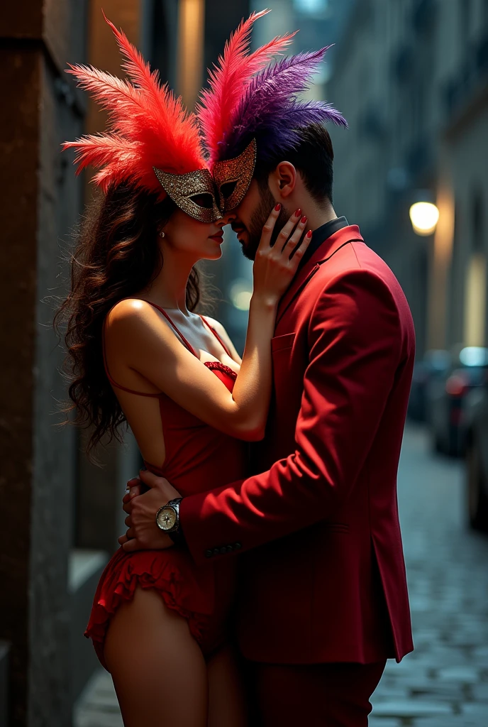 A couple hugs on the street at night, Both wear a mask of colorful feathers that covers half of their face.. The girl is wearing a sensual red dress with a large neckline on the right leg and the man is wearing an elegant red suit... They both look at each other with lust and passion as they hug and smile...