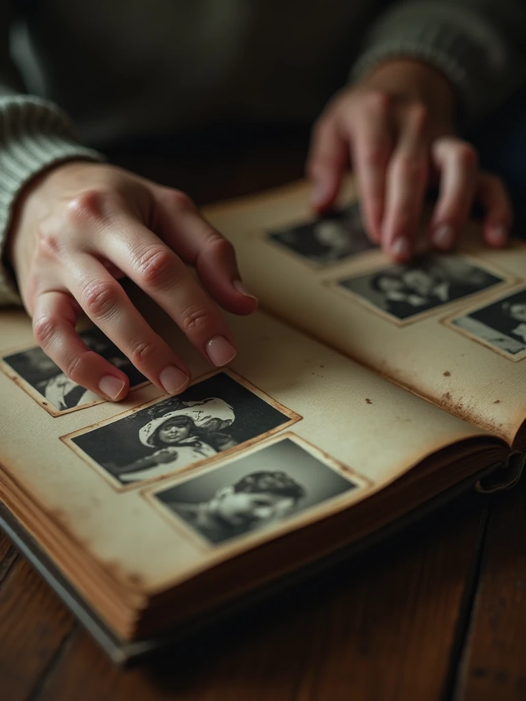It starts with a slow-motion video of a worn family photo album with someone's hand slowly turning the pages of the album..
