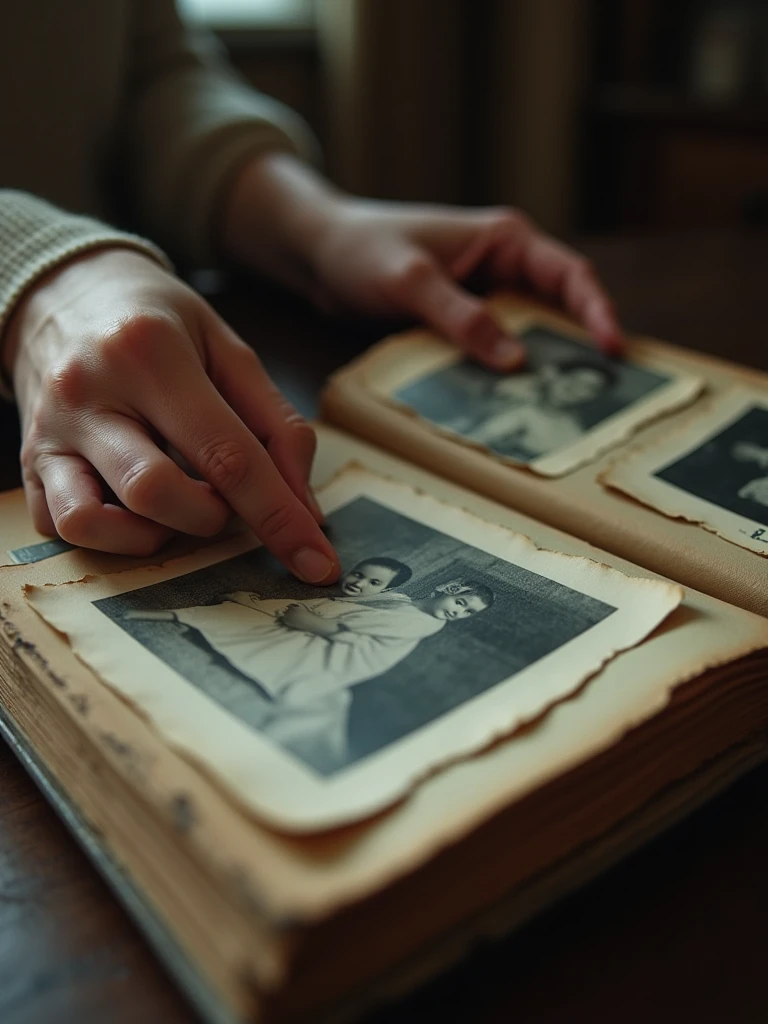 It starts with a slow-motion video of a worn family photo album with someone's hand slowly turning the pages of the album..