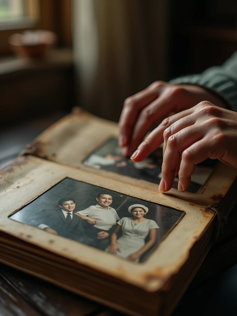 It starts with a slow-motion video of a worn family photo album with someone's hand slowly turning the pages of the album..