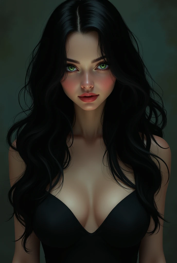 (masterpiece:1.4, best quality), (intricate details), unity 8k wallpaper, ultra detailed, beautiful and aesthetic, perfect lighting, (1girl), (black hair, green eyes, medium breasts),, dynamic pose, dynamic angle, lipstick, slim, medium breasts, detailed background, realistic, solo, perfect detailed face, detailed eyes, highly detailed, rolling_eyes, cross-eyed, oriental