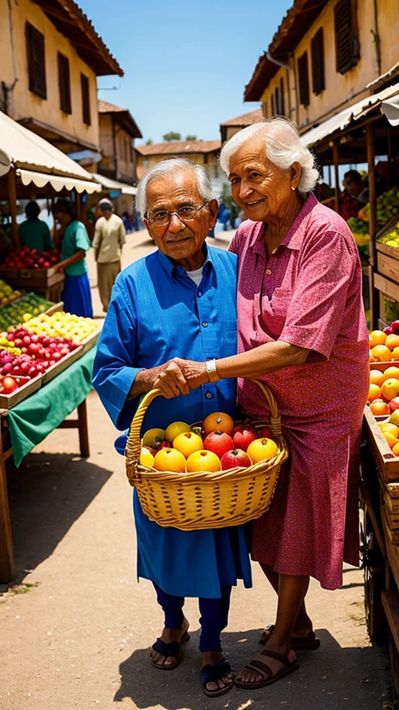 Sari helping an elderly villager carry a basket of fruit, with a lively market scene in the background, full of colorful stalls and people